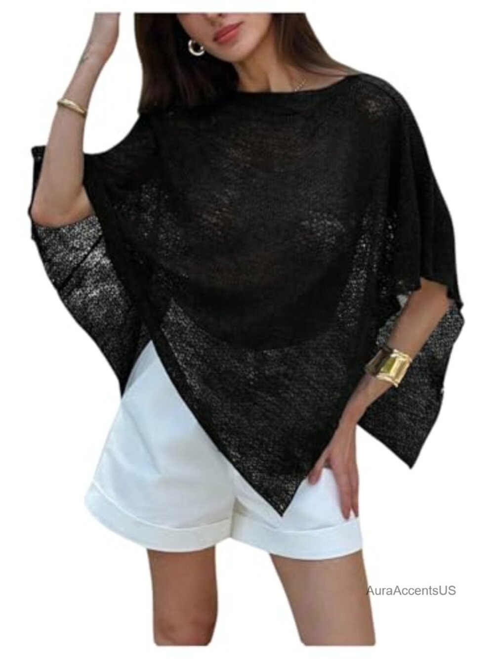 Sheer Knit Poncho Shrug Shawl Asymmetrical Lightweight Wraps for Women